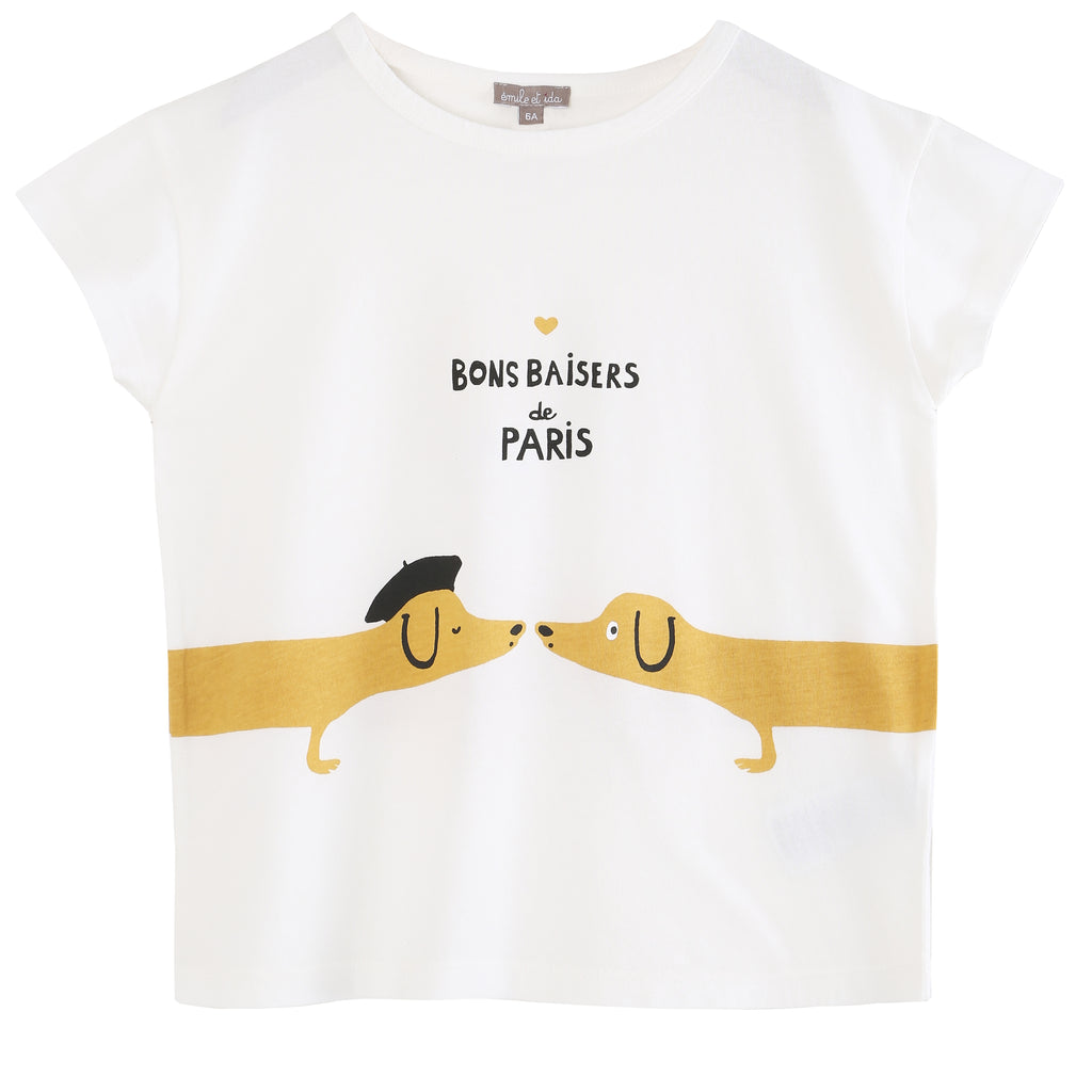 Girls "Bons Baisers de Paris" Dog Ecru T Shirt